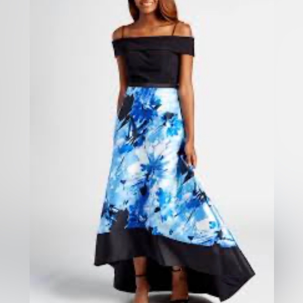 Morgan & Co. Black and Blue Floral High Low Dress